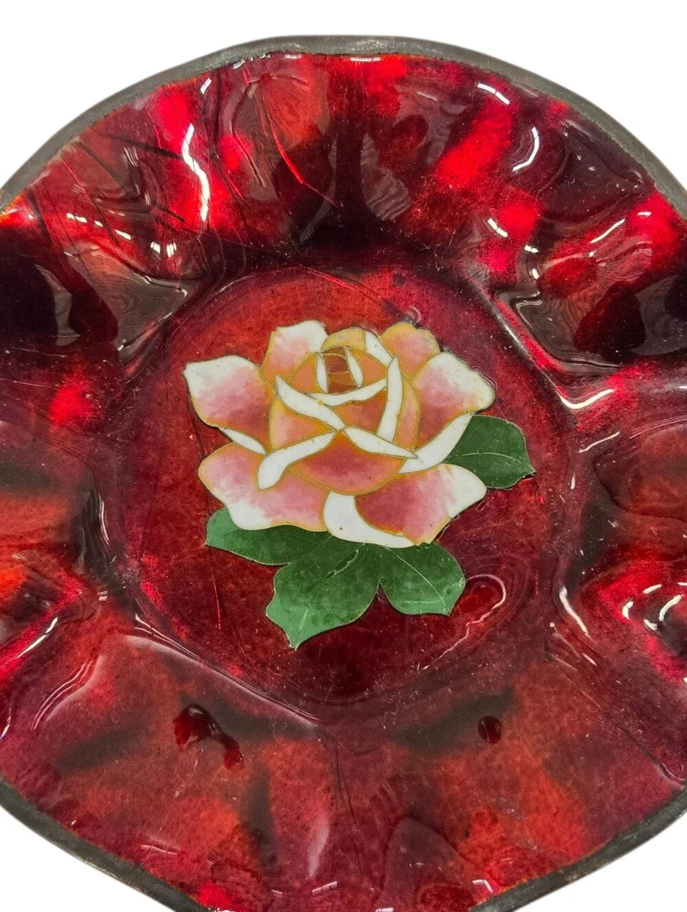 SET OF (2) 1920'S BASSE-TAILLE ENAMEL ROSE FLUTED BOWLS - FRANCE